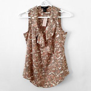 NWT Ann Taylor Satin Ruffle-Front Sleeveless Blouse, Coral/Olive/Ivory, 00P